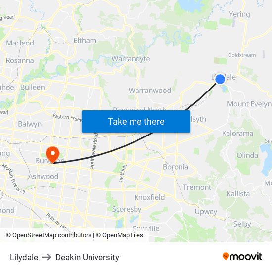 Lilydale to Deakin University map