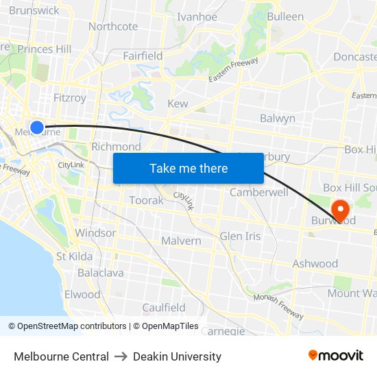 Melbourne Central to Deakin University map