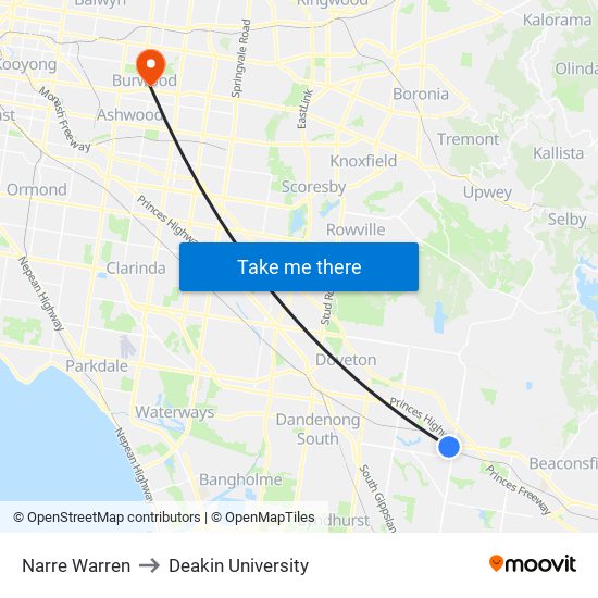 Narre Warren to Deakin University map