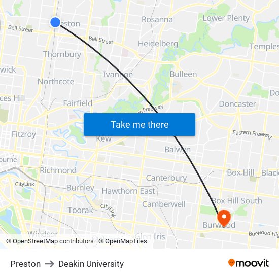 Preston to Deakin University map