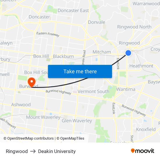 Ringwood to Deakin University map