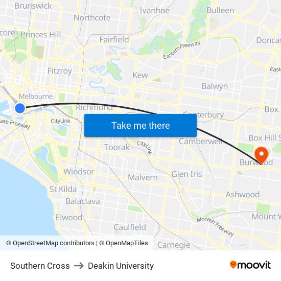 Southern Cross to Deakin University map