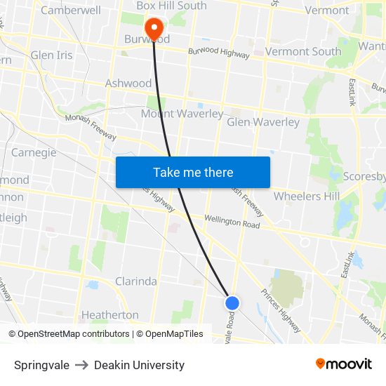 Springvale to Deakin University map