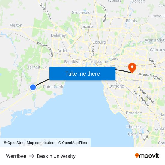 Werribee to Deakin University map