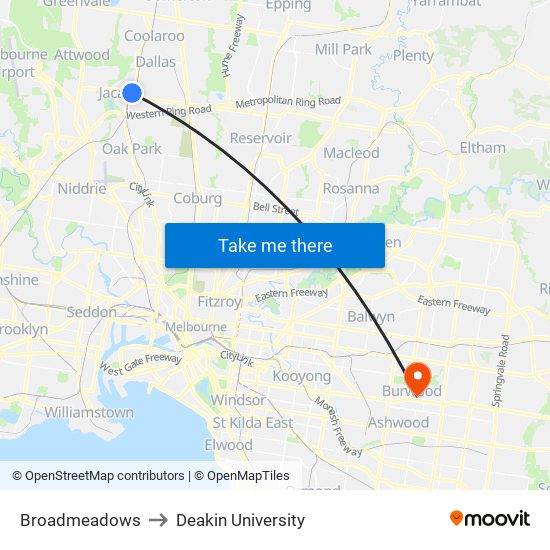 Broadmeadows to Deakin University map