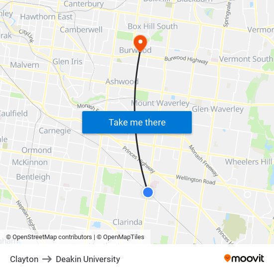 Clayton to Deakin University map