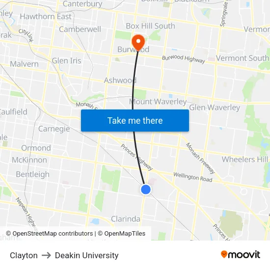 Clayton to Deakin University map