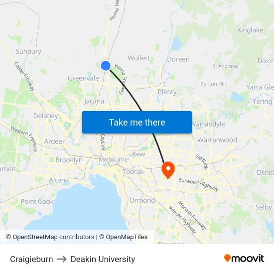 Craigieburn to Deakin University map