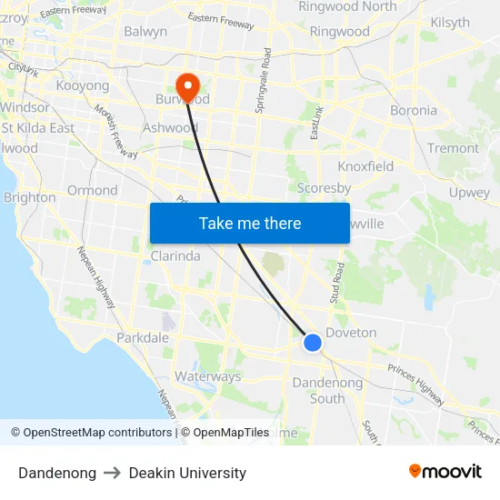 Dandenong to Deakin University map