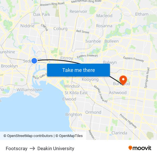 Footscray to Deakin University map