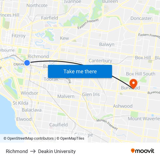 Richmond to Deakin University map