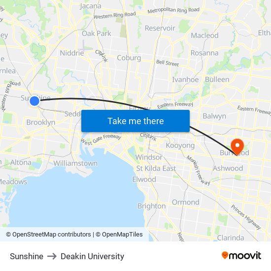 Sunshine to Deakin University map