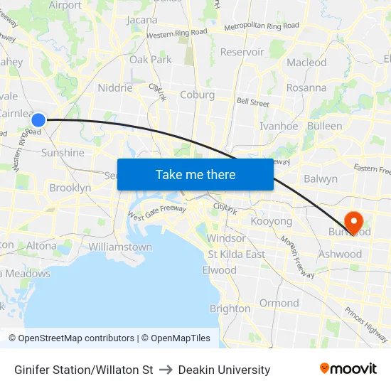 Ginifer Station/Willaton St to Deakin University map