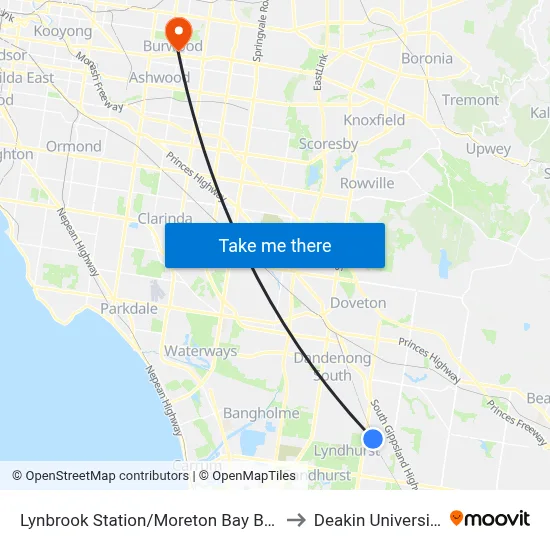 Lynbrook Station/Moreton Bay Bvd to Deakin University map