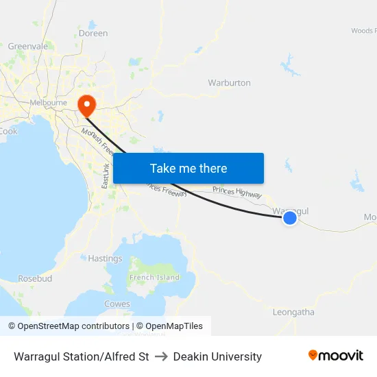 Warragul Station/Alfred St to Deakin University map
