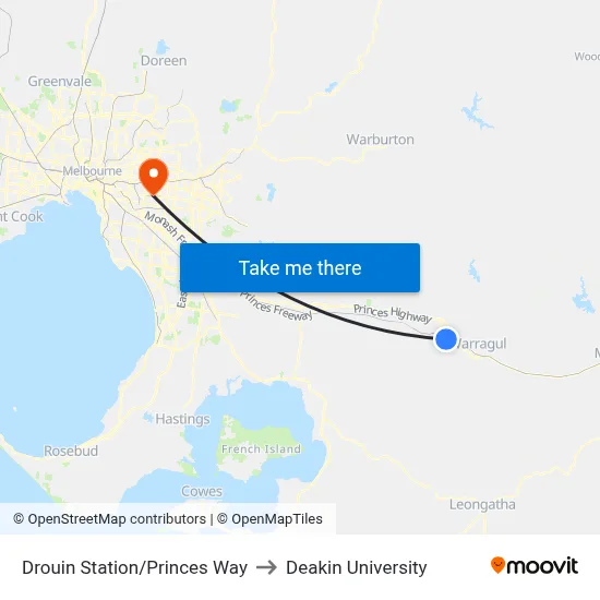 Drouin Station/Princes Way to Deakin University map