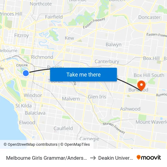 Melbourne Girls Grammar/Anderson St to Deakin University map