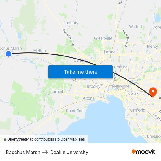 Bacchus Marsh to Deakin University map