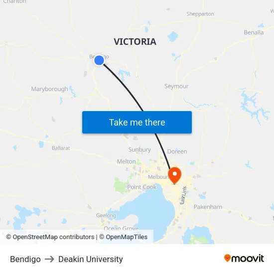 Bendigo to Deakin University map
