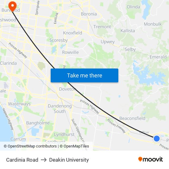 Cardinia Road to Deakin University map