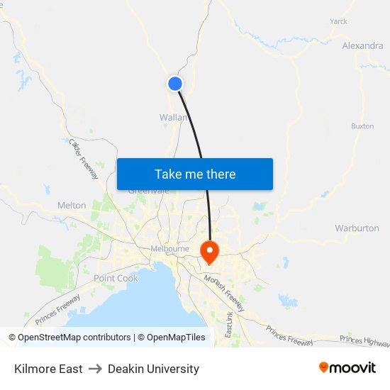 Kilmore East to Deakin University map