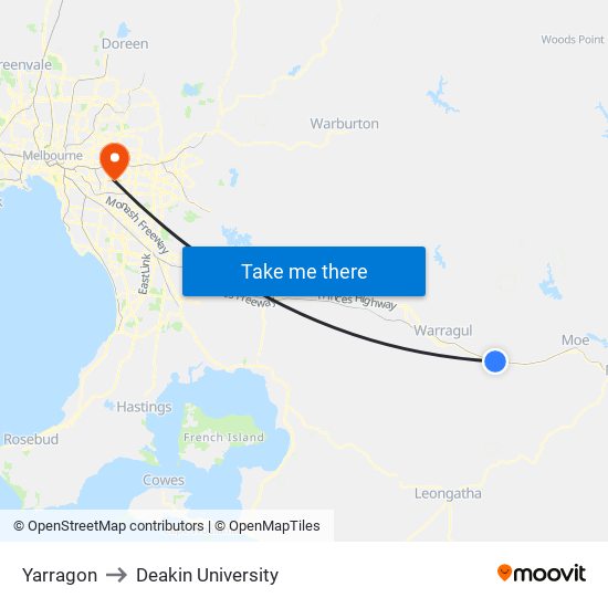 Yarragon to Deakin University map