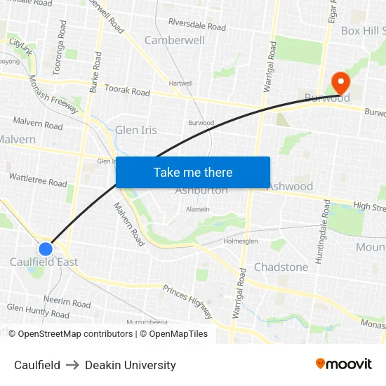 Caulfield to Deakin University map