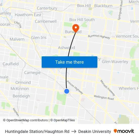 Huntingdale Station/Haughton Rd to Deakin University map