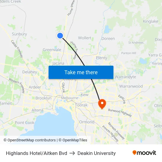 Highlands Hotel/Aitken Bvd to Deakin University map