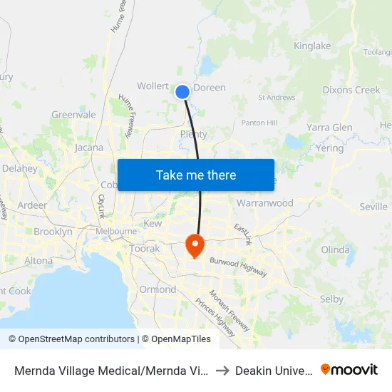 Mernda Village Medical/Mernda Village Dr to Deakin University map
