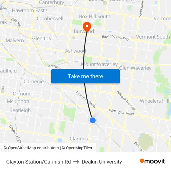 Clayton Station/Carinish Rd to Deakin University map