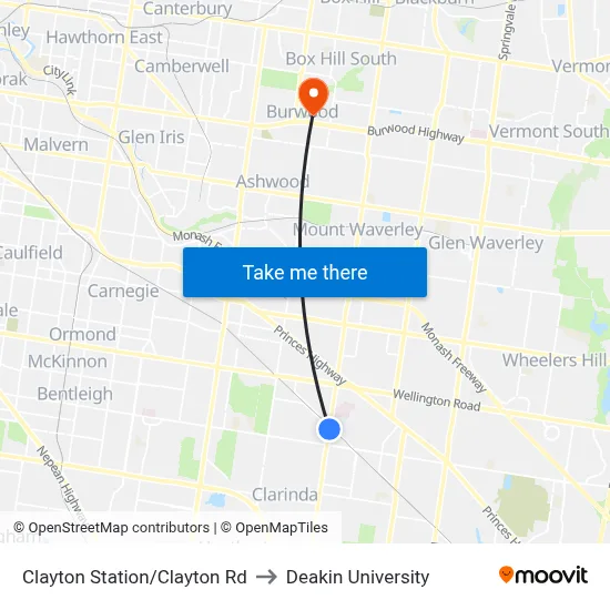 Clayton Station/Clayton Rd to Deakin University map