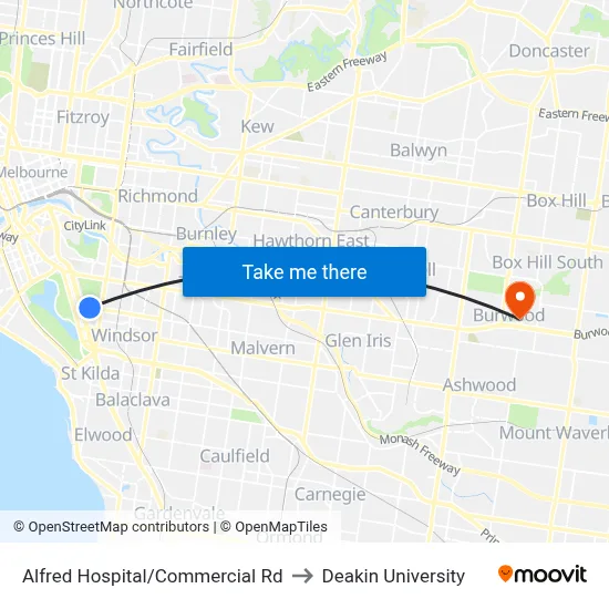 Alfred Hospital/Commercial Rd to Deakin University map
