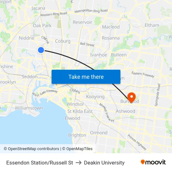 Essendon Station/Russell St to Deakin University map