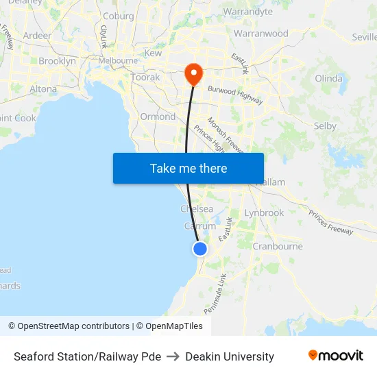 Seaford Station/Railway Pde to Deakin University map