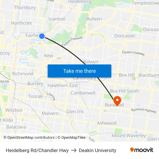 Heidelberg Rd/Chandler Hwy to Deakin University map