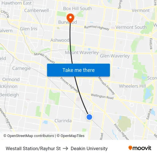 Westall Station/Rayhur St to Deakin University map