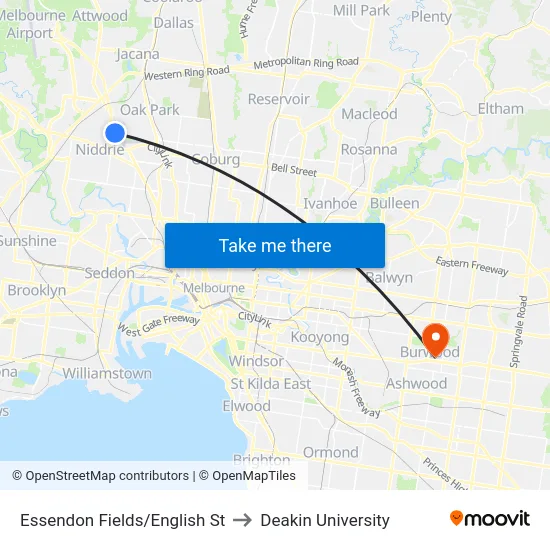 Essendon Fields/English St to Deakin University map