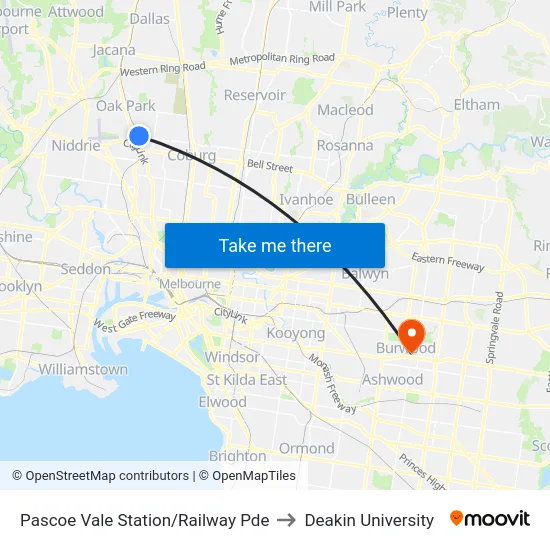 Pascoe Vale Station/Railway Pde to Deakin University map