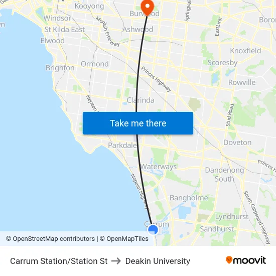 Carrum Station/Station St to Deakin University map