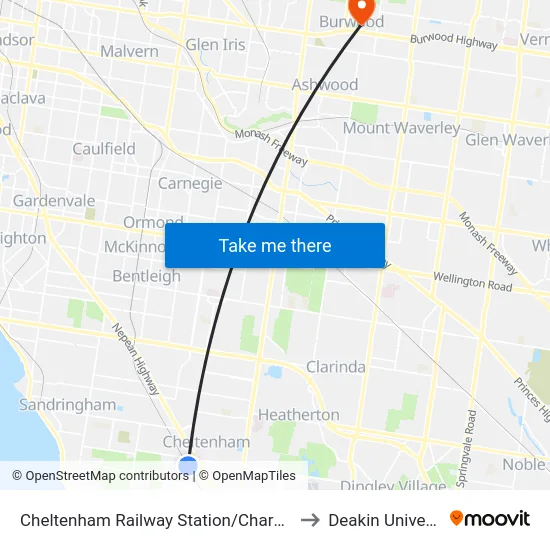 Cheltenham Railway Station/Charman Rd to Deakin University map