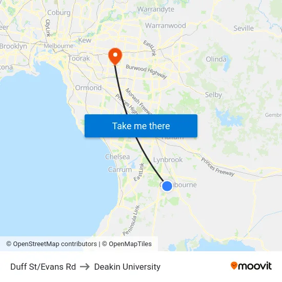 Duff St/Evans Rd to Deakin University map