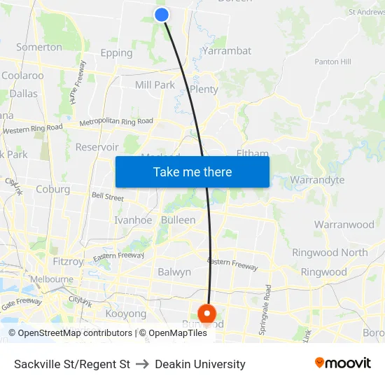Sackville St/Regent St to Deakin University map