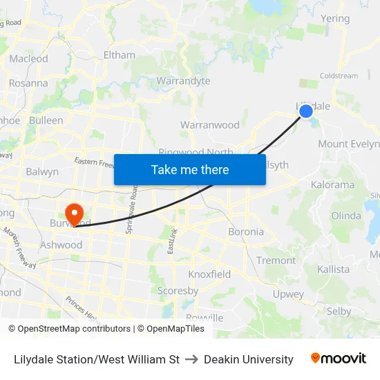 Lilydale Station/West William St to Deakin University map