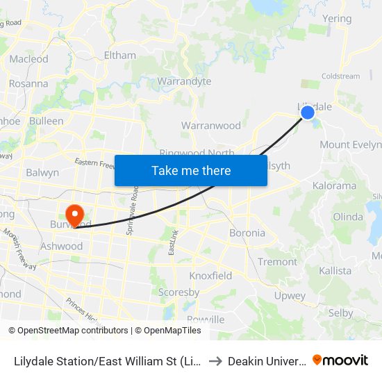 Lilydale Station/East William St (Lilydale) to Deakin University map