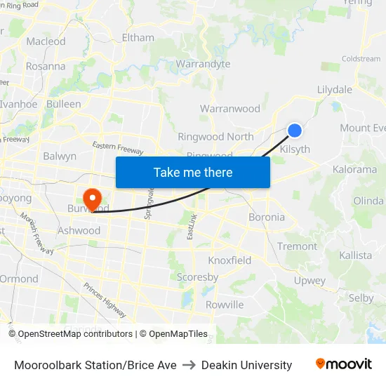 Mooroolbark Station/Brice Ave to Deakin University map