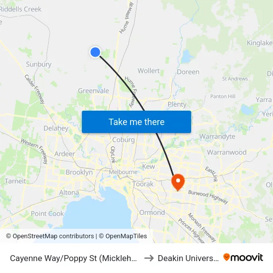 Cayenne Way/Poppy St to Deakin University map