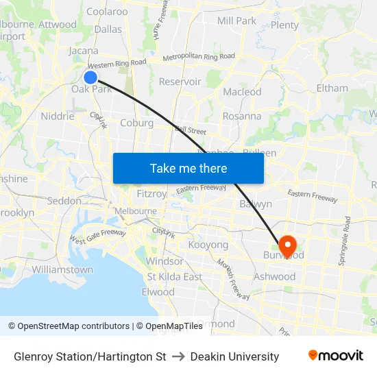 Glenroy Station/Hartington St to Deakin University map