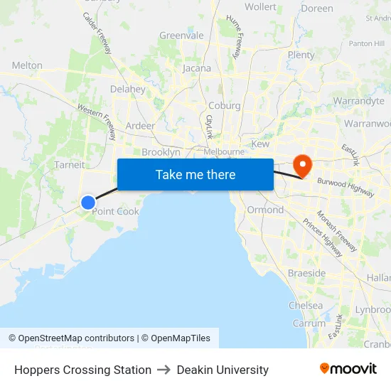 Hoppers Crossing Station to Deakin University map
