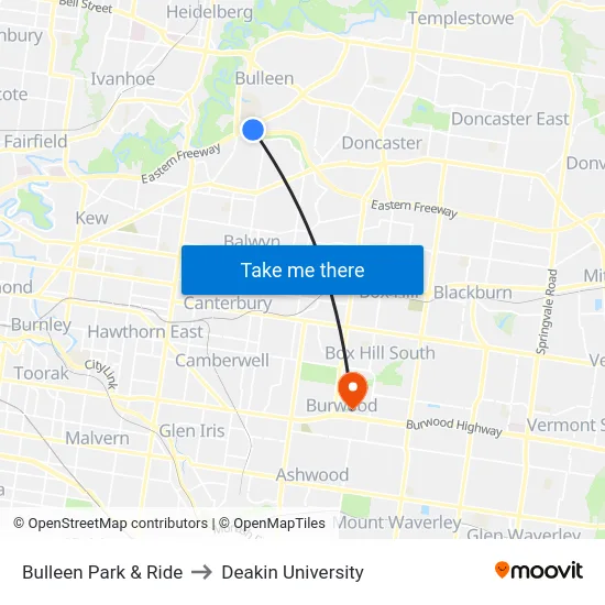 Bulleen Park & Ride to Deakin University map
